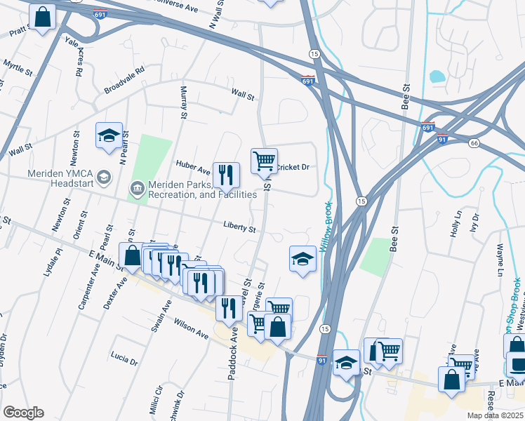 map of restaurants, bars, coffee shops, grocery stores, and more near in Meriden