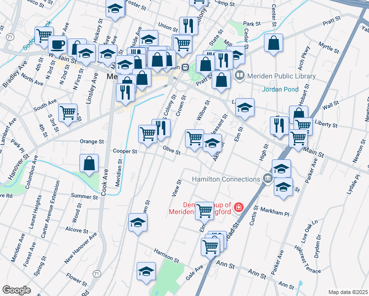 map of restaurants, bars, coffee shops, grocery stores, and more near 132 Willow Street in Meriden