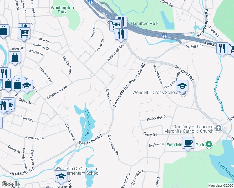 map of restaurants, bars, coffee shops, grocery stores, and more near 945 Pearl Lake Road in Waterbury