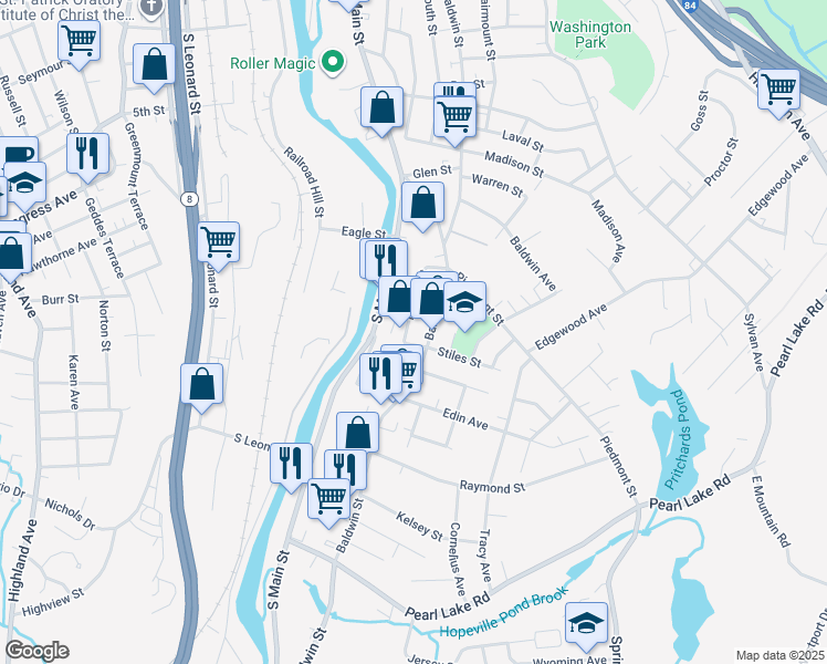 map of restaurants, bars, coffee shops, grocery stores, and more near 1426 Baldwin Street in Waterbury