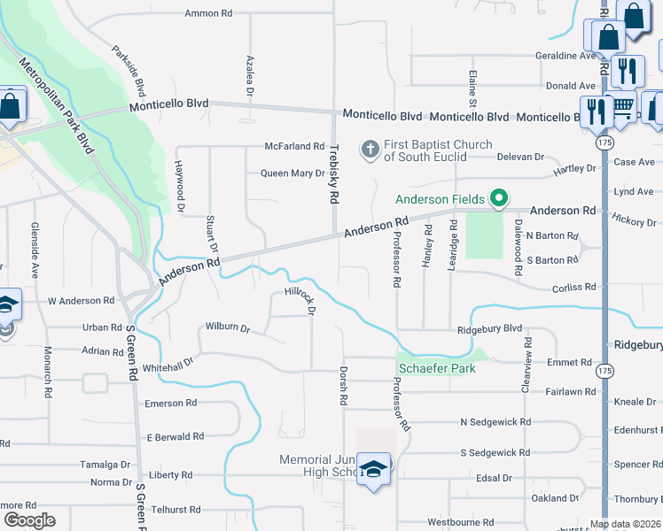 map of restaurants, bars, coffee shops, grocery stores, and more near 4729 Fay Drive in South Euclid