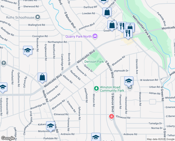 map of restaurants, bars, coffee shops, grocery stores, and more near 982 Quarry Drive in Cleveland Heights