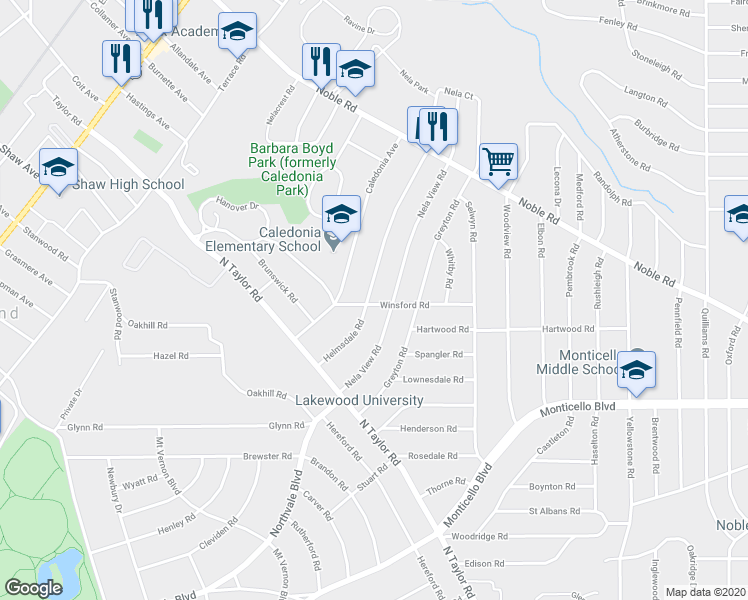 map of restaurants, bars, coffee shops, grocery stores, and more near 976 Helmsdale Road in Cleveland Heights