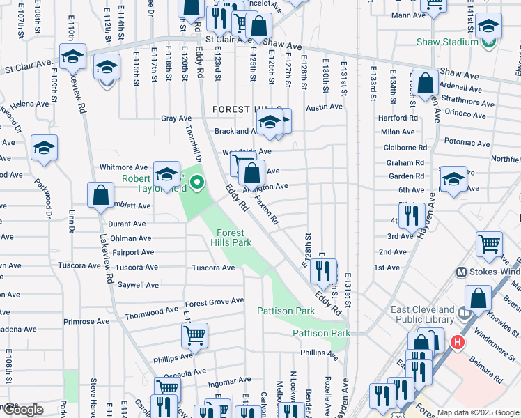 map of restaurants, bars, coffee shops, grocery stores, and more near 878 Paxton Road in Cleveland