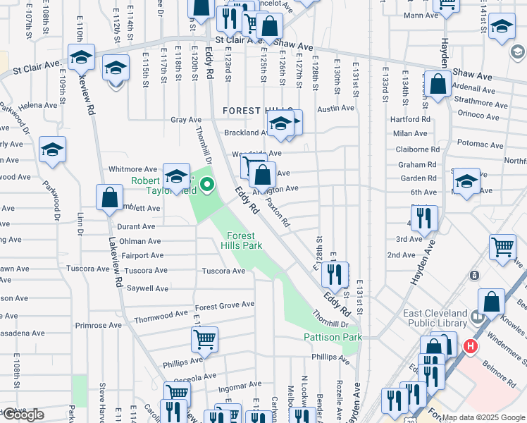 map of restaurants, bars, coffee shops, grocery stores, and more near 878 Paxton Road in Cleveland