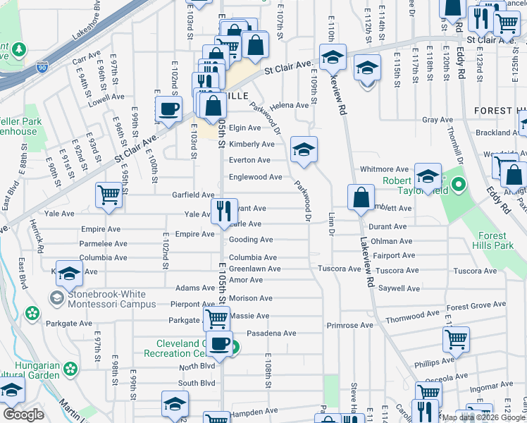 map of restaurants, bars, coffee shops, grocery stores, and more near 10618 Bryant Avenue in Cleveland