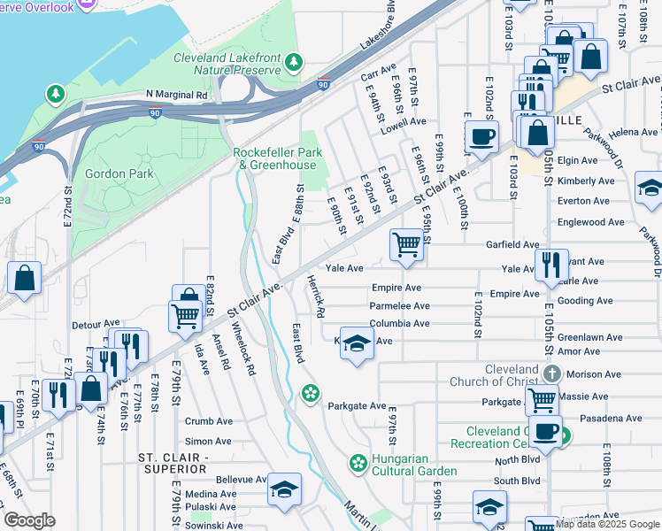 map of restaurants, bars, coffee shops, grocery stores, and more near 8909 Yale Avenue in Cleveland