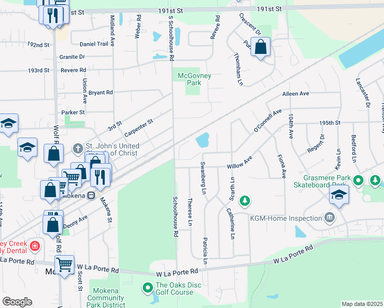 map of restaurants, bars, coffee shops, grocery stores, and more near 19602 Swanberg Lane in Mokena