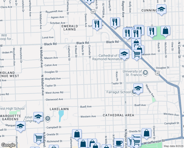 map of restaurants, bars, coffee shops, grocery stores, and more near 518 Cornelia Street in Joliet