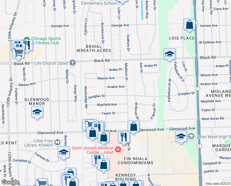 map of restaurants, bars, coffee shops, grocery stores, and more near 2217 Douglas Street in Joliet