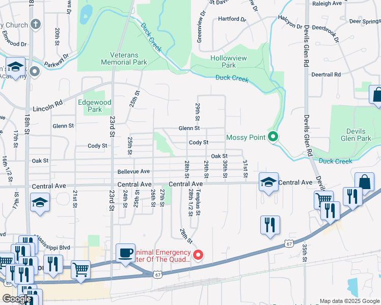 map of restaurants, bars, coffee shops, grocery stores, and more near 2810 Oak Street in Bettendorf