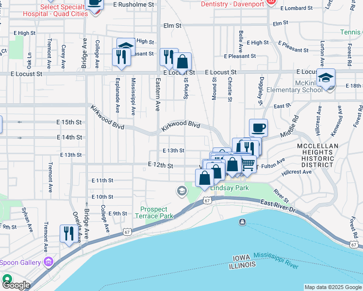map of restaurants, bars, coffee shops, grocery stores, and more near 1309 Spring Street in Davenport