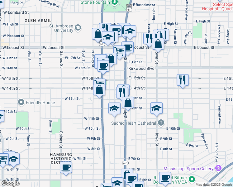 map of restaurants, bars, coffee shops, grocery stores, and more near 1318 North Main Street in Davenport