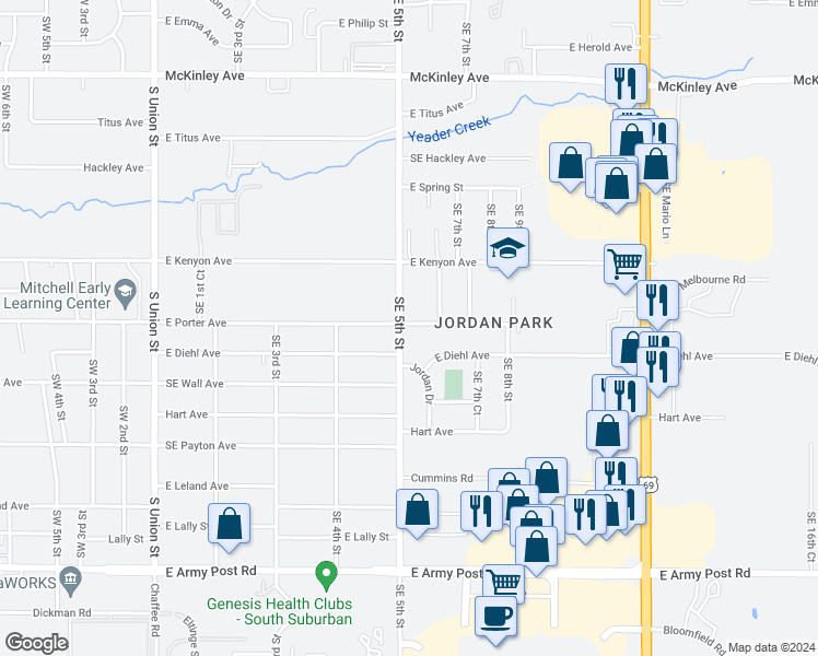 map of restaurants, bars, coffee shops, grocery stores, and more near 501 East Porter Avenue in Des Moines