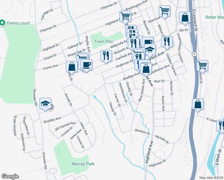 map of restaurants, bars, coffee shops, grocery stores, and more near 32 Carver Street in Waterbury