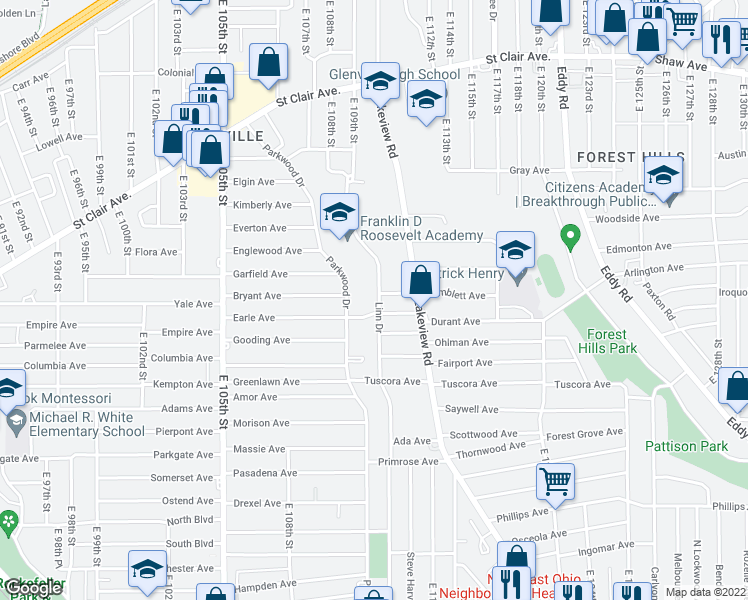 map of restaurants, bars, coffee shops, grocery stores, and more near 888 Linn Drive in Cleveland