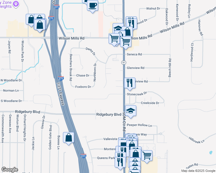 map of restaurants, bars, coffee shops, grocery stores, and more near 931 Aintree Park Drive in Mayfield