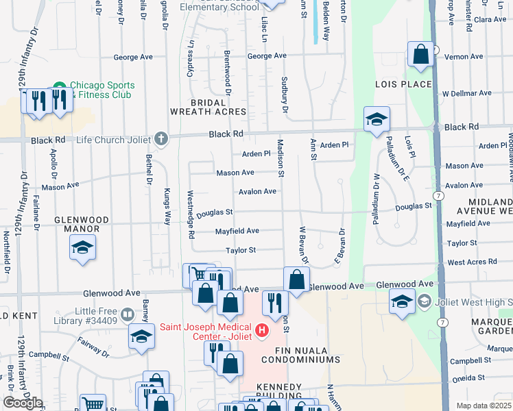 map of restaurants, bars, coffee shops, grocery stores, and more near 2217 Douglas Street in Joliet