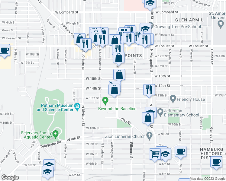 map of restaurants, bars, coffee shops, grocery stores, and more near 1511 West 14th Street in Davenport