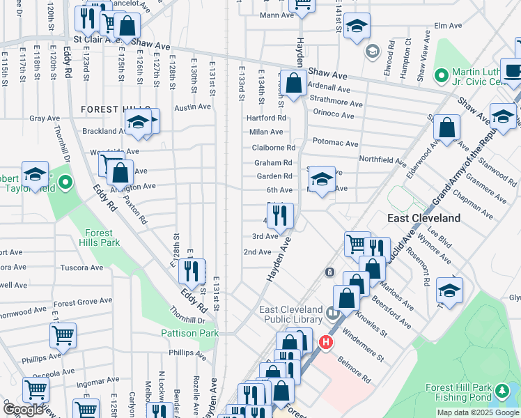 map of restaurants, bars, coffee shops, grocery stores, and more near 13400 5th Avenue in East Cleveland