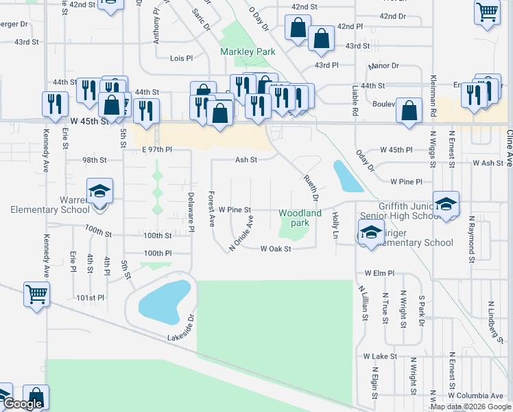 map of restaurants, bars, coffee shops, grocery stores, and more near 653 N Oriole Ct in Griffith