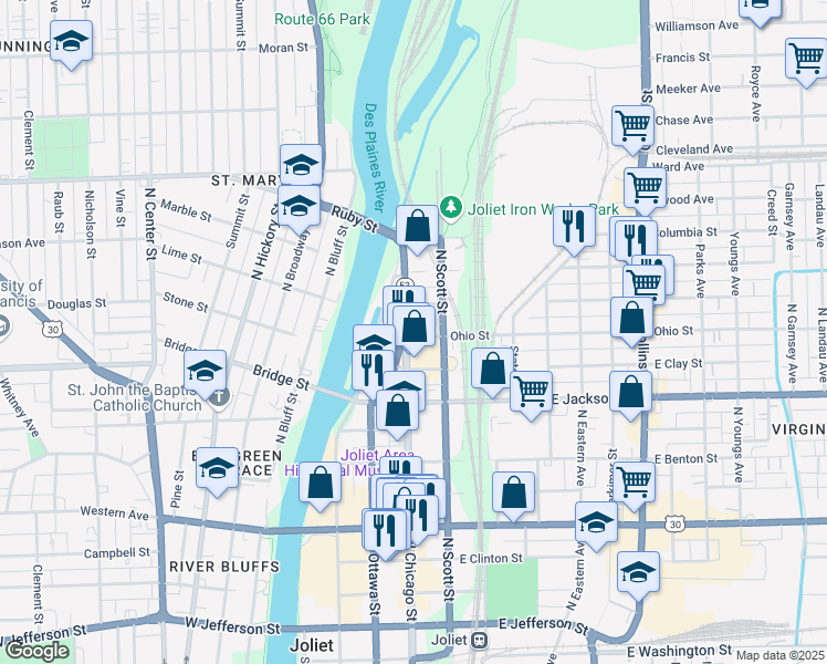 map of restaurants, bars, coffee shops, grocery stores, and more near 500N North Chicago Street in Joliet
