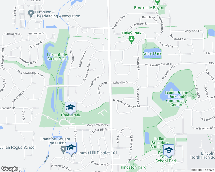 map of restaurants, bars, coffee shops, grocery stores, and more near 8001 Stonegate Drive in Tinley Park