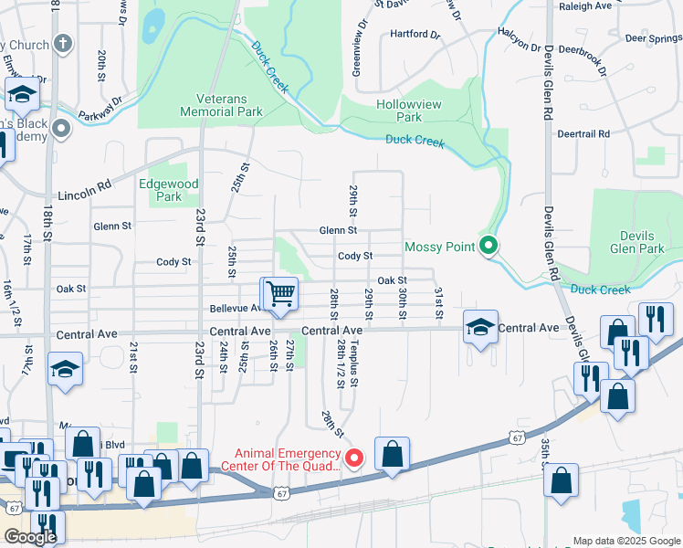 map of restaurants, bars, coffee shops, grocery stores, and more near 2810 Oak Street in Bettendorf