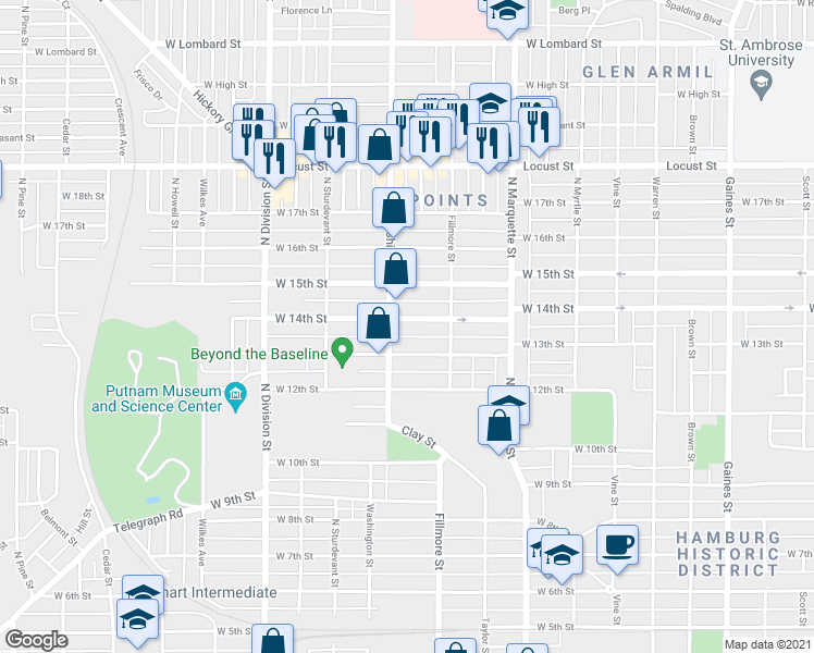 map of restaurants, bars, coffee shops, grocery stores, and more near 1439 West 14th Street in Davenport