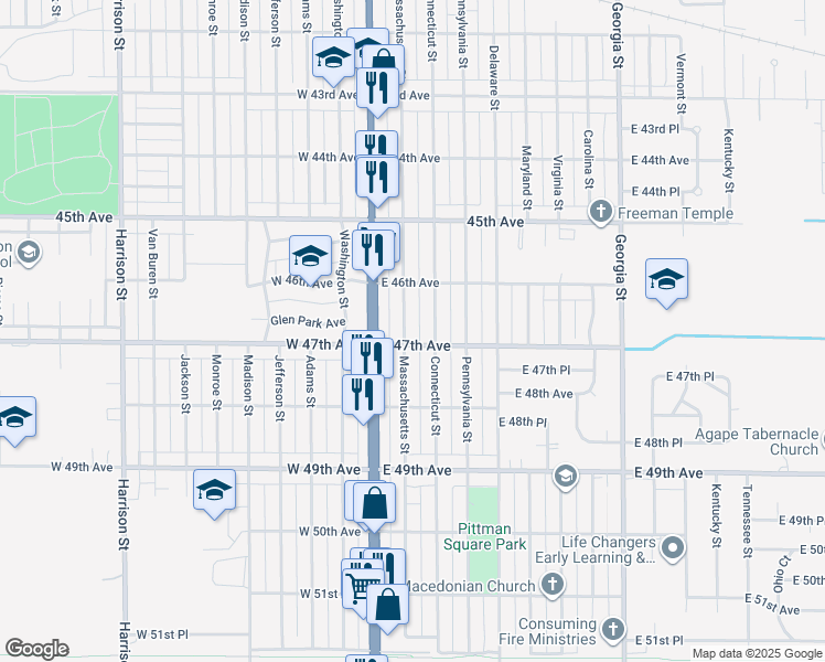map of restaurants, bars, coffee shops, grocery stores, and more near 4673 Massachusetts Street in Gary