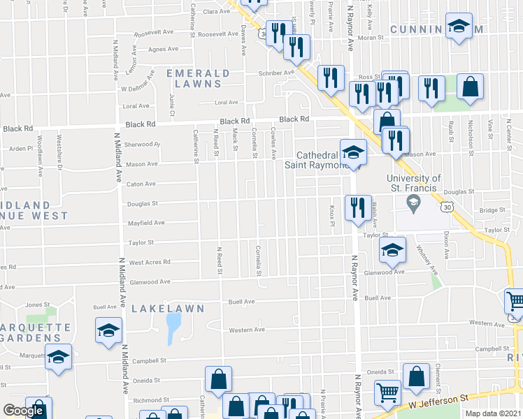 map of restaurants, bars, coffee shops, grocery stores, and more near 518 Cornelia Street in Joliet