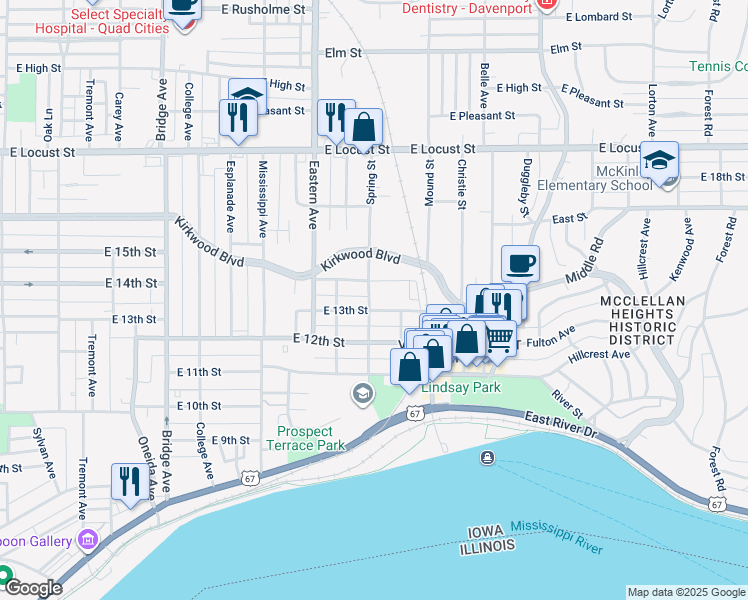 map of restaurants, bars, coffee shops, grocery stores, and more near 1309 Spring St in Davenport