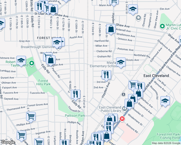 map of restaurants, bars, coffee shops, grocery stores, and more near 1652 East 133rd Street in East Cleveland