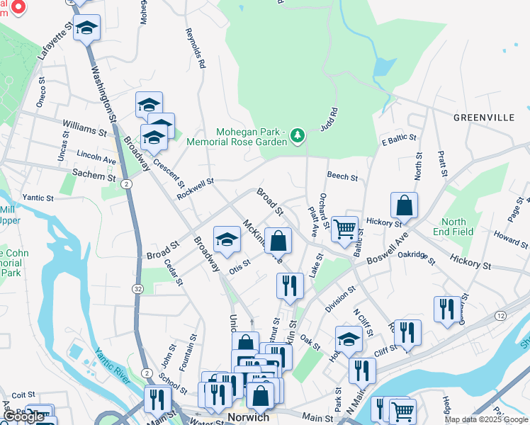 map of restaurants, bars, coffee shops, grocery stores, and more near 26 Warren Street in Norwich
