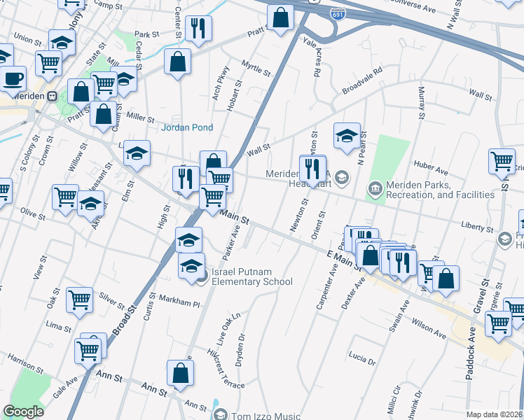 map of restaurants, bars, coffee shops, grocery stores, and more near 410 East Main Street in Meriden