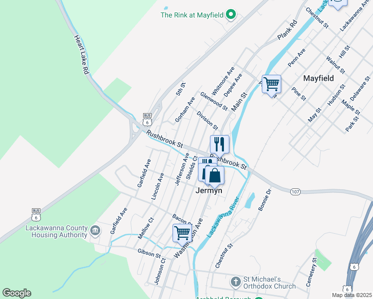 map of restaurants, bars, coffee shops, grocery stores, and more near 303 Rushbrook Street in Jermyn