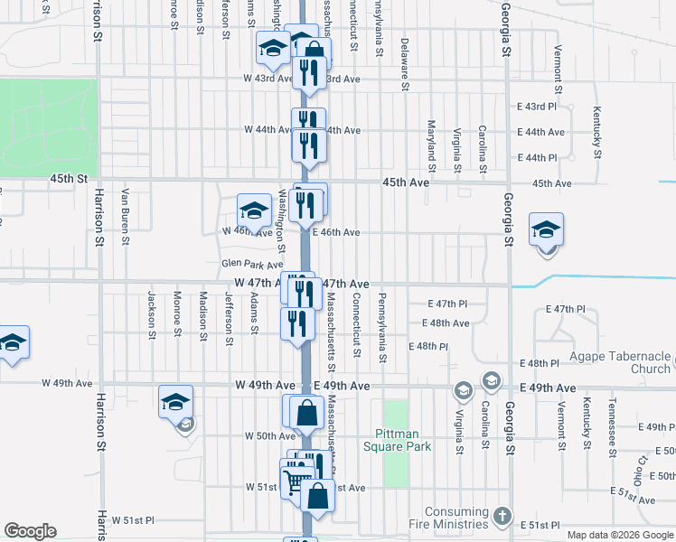 map of restaurants, bars, coffee shops, grocery stores, and more near 4673 Massachusetts Street in Gary