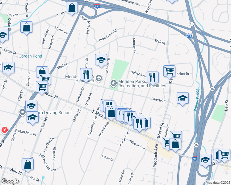 map of restaurants, bars, coffee shops, grocery stores, and more near 479 Liberty Street in Meriden