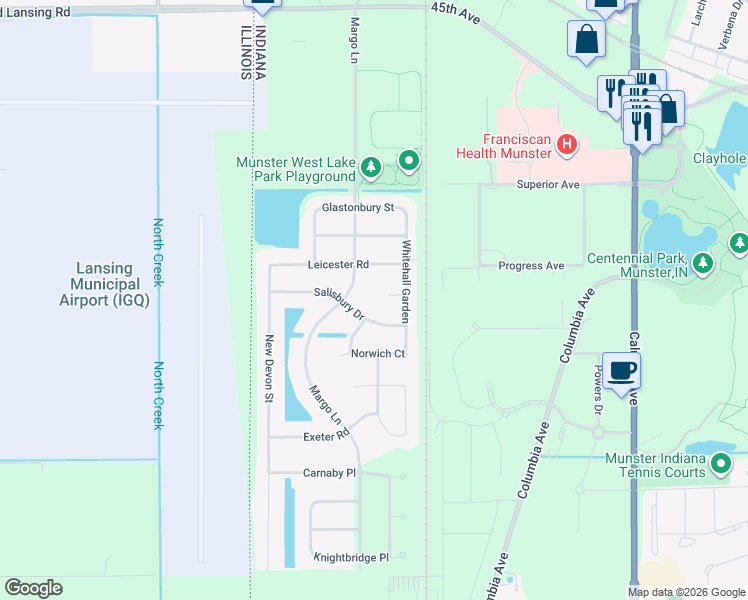map of restaurants, bars, coffee shops, grocery stores, and more near 316 Saint Ives Court in Munster