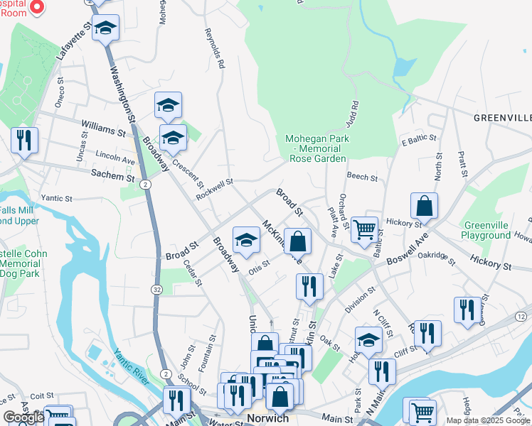 map of restaurants, bars, coffee shops, grocery stores, and more near 114 McKinley Avenue in Norwich