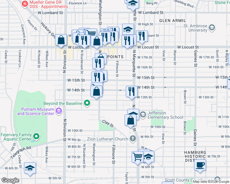 map of restaurants, bars, coffee shops, grocery stores, and more near 1330 Fillmore Street in Davenport