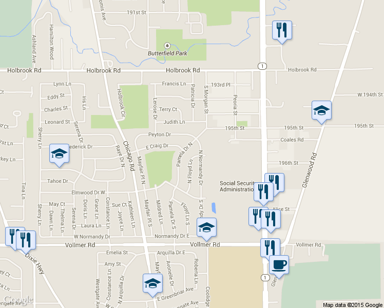 map of restaurants, bars, coffee shops, grocery stores, and more near 176 North Floyd Lane in Chicago Heights