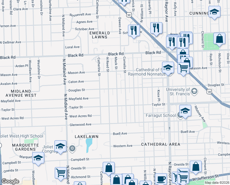 map of restaurants, bars, coffee shops, grocery stores, and more near 519 Mack Street in Joliet