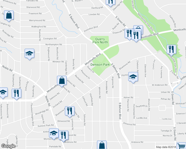 map of restaurants, bars, coffee shops, grocery stores, and more near 982 Quarry Drive in Cleveland Heights