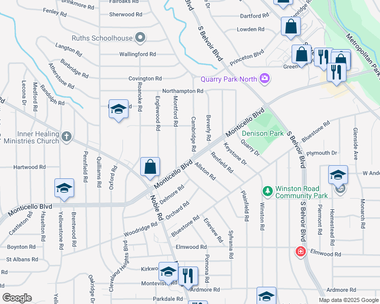map of restaurants, bars, coffee shops, grocery stores, and more near 976 Cambridge Road in Cleveland Heights