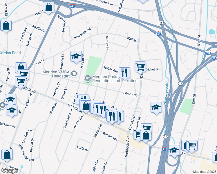 map of restaurants, bars, coffee shops, grocery stores, and more near 510 Liberty Street in Meriden