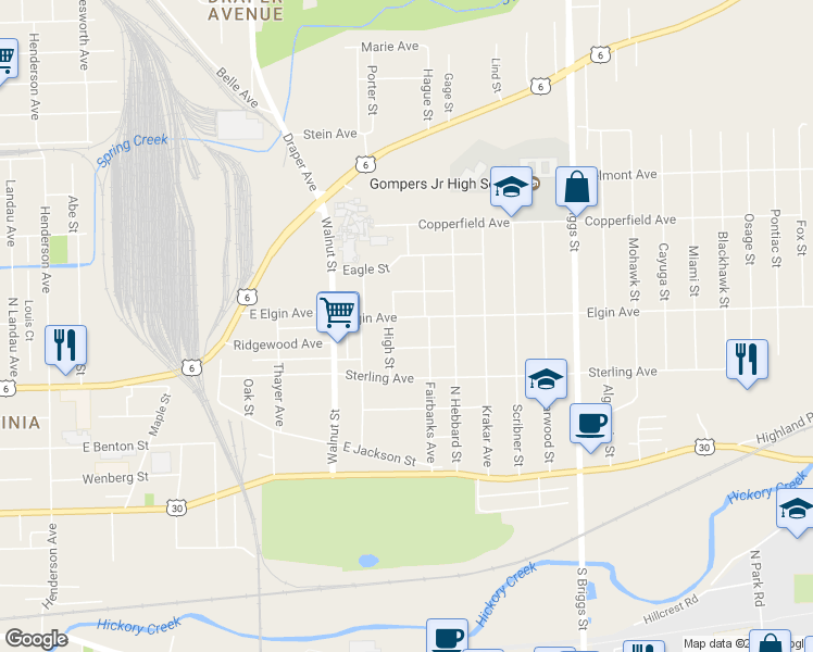map of restaurants, bars, coffee shops, grocery stores, and more near 1306 Elgin Avenue in Joliet