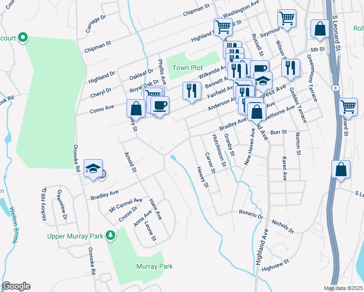 map of restaurants, bars, coffee shops, grocery stores, and more near 179 Bradley Avenue in Waterbury