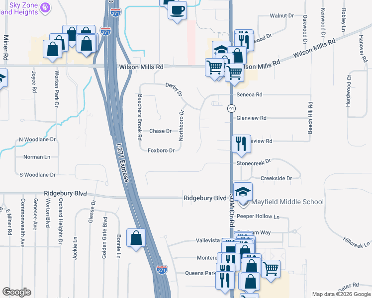 map of restaurants, bars, coffee shops, grocery stores, and more near 959 Northboro Drive in Mayfield