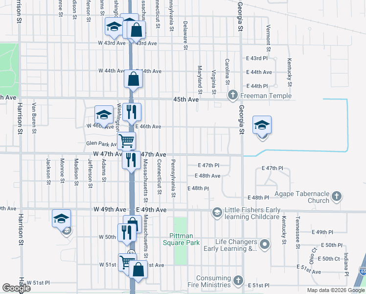 map of restaurants, bars, coffee shops, grocery stores, and more near 4668 Delaware Street in Gary